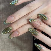 24Pcs Short Oval Pink False Nail Tips Summer Lovely Golden Flowers Retro Gradients Wearable Almond Manicure Full Cover Press Ons