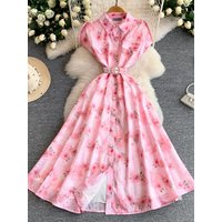 Elegant Embroidered Print Shoulder Insert Dress Women's Summer Lightweight Luxury Buttoned Waist Cinched Long Dress