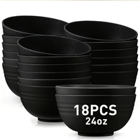 18-piece black plastic bowl set, ideal for family celebrations, camping, picnics, and kitchen use. 24 oz round microwave-safe.