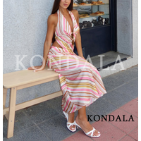 KONDALA Women Elegant Chic Striped Skirt Set Halter Tops,Elastic Waist Midi Skirt 2026 Summer Stylish High Street Holiday Set