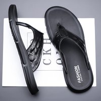 Mens Black Crocodile Embossed Leather Flip Flops Thong Sandals Summer Casual Beach Daily Wear Shoes Outdoor Comfortable Leisure