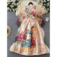 Mesh Long Lantern Sleeve Thick Satin Dresses Holiday Flower Print Cross V Neck Tied Waist Bandage Lace Up Pocket Wrap Clothing