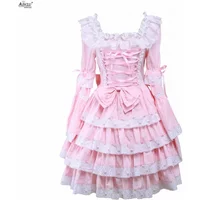 Sweet Lolita Dress Cotton Pink Lace Front Ties Detachable Sleeves Cute Girls Lolita Dress Coaplay Costumes Party Club XS-XXL