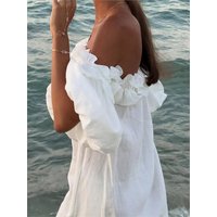 Sexy Slash Neck White Women Dress Fashion Elegant Beach Party Holiday Casual Dresses New Female Ruffles Lantern Sleeve Vestidos