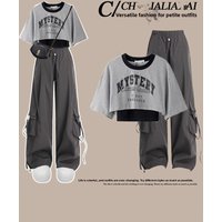 Summer Sweet Cool Girl Student Korean Style Short Sleeve T-Shirt Halter Wide Leg Pants Three Piece Set Cotton Polyester Blend