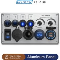 Toggle Switch Multi-Functions Silver Aluminum Panel LED Dimmer Switch 12V 24V for RV Dual Port USB QC3.0 Cigarette Lighter