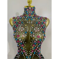 Women Sparkly Colorful Diamonds Mesh Sheer Stretch Bodysuits 2025 Luxury Birthday Party Nightclub Dj Stage Performance Costume