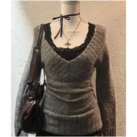 Fashion Vintage V-neck Knitted Tops Women 2024 Early Autumn New Sweaters Mujer Y2k Grunge Slim Fit Long Sleeve Pullovers