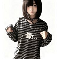 Autumn Striped Long-sleeved Women's T-shirt Subculture Cartoon Print Loose Kawaii Fashion Loose Oversize Bottoming Shirt Y2k
