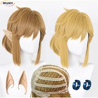 High Quality Breath of the Wild Link Cosplay Wig Short Golden Brown Pigtail Heat Resistant Hair Anime Game Wigs + Wig Cap