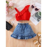 Fashionable Baby Girl Suspender With Cute Ruffled Edges, Trendy Latest Denim Skirt Set