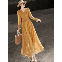 MEXCOCO 2026 New Summer V Neck Ruffle Cuff Long Sleeve Smocked Waist Polka Dot Flowy Maxi Dress