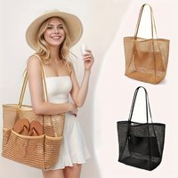 Women's Large Capacity Mesh Beach Bag - Foldable Durable Polyester Woven Shoulder /Tote Bag with Open Top for Travel, Shopping