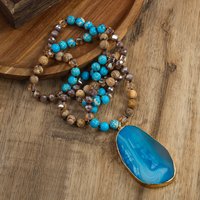 New Fashion Bohemian Western Women's Jewelry 8mm Emperor Stone Knot Necklace Long Oval Stone Pendant Necklace Sweater Chain