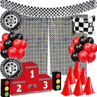 Race Car Foil Fringe Curtains Backdrop Black and White Checkered Hanging Banner Balloon Baby Shower Racing Birthday Party Decors