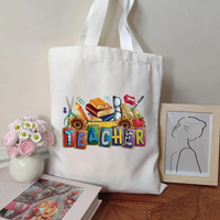 Color Block Teacher Letter With School Supplies Sunflower Print Canvas Tote Bag Handbag For Daily Commute And School Daily Use