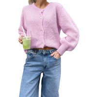 Women Autumn y2k Vintage Crew Neck Knitted Cardigan Basic Single Breasted Long Sleeve Solid Color Button Up Sweaters Crop Tops