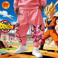 Unisex Pink Majin Buu Pattern Pants Loose Fit Cuff Ankle Trousers Anime Wide Leg Sweatpants Plus Size Hip Hop Style