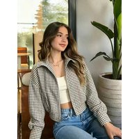 Women's Jackets Stand Collar Zip Up Cropped Coat Women Black White Gingham Jacket 2026 New Casual Long Sleeve Loose Fit Jacket