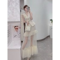 New Celebrity Luxury Fashion 2 Piece Set Women Summer V-neck Sleeveless Vest Top + Mesh Patchwork Long Skirt Party Women's Suit