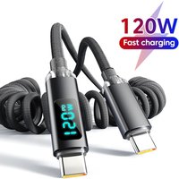 120W Type C Super Fast Charging Cable USB to Type C Digital Display Car Spring Charging Cable For iPhone Samsung Huawei Xiaomi