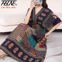 Vestidos Para Mujer Rope Robe Dress Women Casual Elegant Retro Bohemian V Neck Boho Korean Printed Summer Long Dresses Clothes