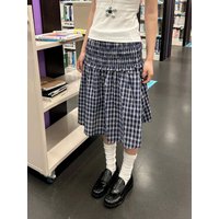 Navy Plaid Knee-Length Skirt Woman Summer Ruffles Elastic Waist A-line Short Faldas Female Vintage Preppy Style Sweet Skirts Y2k