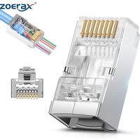 ZoeRax 50pcs Shielded RJ45 Cat6 Cat6A Pass Through Connectors - 3 Prong 8P8C Gold Plated Ethernet Ends for FTP/STP Network Cable