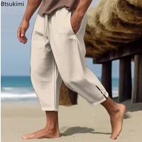 2026 Men's Fashion Casual Beach Pants Breathable Cotton Linen Loose Ankle-length Pants Male Solid Pockets Drawstring Sweatpants