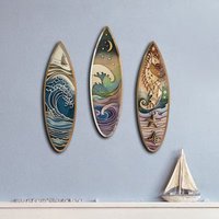 3Pcs Surfboard Shaped Ocean Wave Seahorse Wooden Wall Stickers, Coastal Nautical Beach Decor with Nano Tape