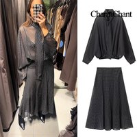 CharmChant Women's Polka Dot Sheer Chiffon Oversized Shirt & Maxi Skirt 2 Piece Set Spring 2026 Retro Elegant Chic Party Outfits