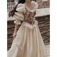 Vintage Elegant Print Floral Dress Women 2023 Autumn O-neck Casual Evening Party Midi Dress Female Puff Sleeve Korea Fairy Dress