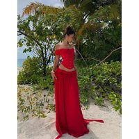 SYJ Comfortable Red Fishbone Tie Bra Top Women's Low Waist Pleated Skirt Two-Piece Set Fashionable Summer Outfit