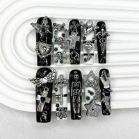 10PCS Extra Long Tube Square Y2K Gyaru Black White Stripes Handmade Press On Nails Stars Cross Fake Nails Planet Gothic Nail Art