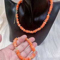 6-8mm Vintage Natural Sea Bamboo Orange Coral Short Chokers Necklace Bracelet Women Jewelry Set 17" 7"