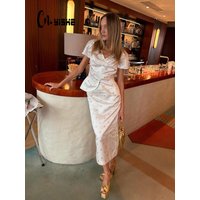 CNYISHE Flower Prints Short Sleeve V Neck Women Sets Fashion Split Sheath Trendy Suits Sexy Club Female 2-Pieces(Tops+Skrits)