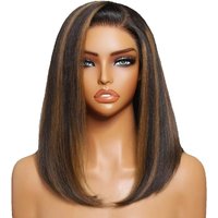 UNice 7x5 Bye Bye Slip™ Golden Brown Highlights Yaki Straight Bob Wig With Drawstring Left Side Part Glueless Human Hair Wigs