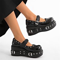 New Thick Sole Punk Sandals Women Wrap Toe Hollow Patent Leather Roman Sandalias Rivets Platform Casual Chunky Heel Buckle Shoes