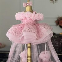 Glitter Baby Girl Derss Pink Spaghetti Strap Off Shoulder Mini Flower Girl Dresses with Train Short