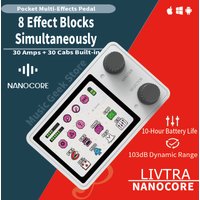 LIVTRA NANOCORE Multifunktions-Gitarrenpedal – 126 g, 10 Stunden Spielzeit, 2,4-Zoll-Display, NAM/IR-Ready, KI-Drums, Loopback