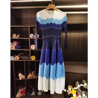 ANLAN New Miyaki Designed Women's Pleated Dress O-neck Loose Fit High-end Fashion Color Block Beaded Long Sleeve Famale Clothing