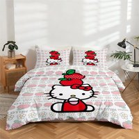 3-Piece High-Definition Digital Print Bedding Set Hello Kitty and Strawberry-Apple Pattern Duvet Cover Set, Large Floral Duvet Cover Set Includes 1 Duvet Cover + 2 Pillowcases, Suitable for Bedroom,