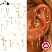 AIDE Single 925 Sterling Silver Ear Piercing Studs Long Chain Crystal Huggies Earrings for Women Female Trend Cartilage Brincos