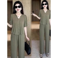 Ice Silk Fashion Casual Set Women's Summer Slimming Short Sleeve Wide Leg Pants Two Piece Set Breathable High Waist Trousers ...