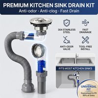 Universal Kitchen Sink Drain Kit, 304 Stainless Steel Waste Pipe, Flexible Anti-Odor Clog-Proof Sewer Drainage Hose for Sinks