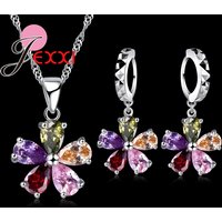 Shinning Flower Colorful CZ Crystal Pendant Jewelry Sets 925 Sterling Silver Pendant Necklace + Dangle/Hoop Earring Sets