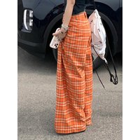 PBAP Vintage Plaid Wide Leg Pants with Pockets Y2k Tartan Office Work Pleats Loose Fit Casual Suit Trousers Dressy Women Bottoms