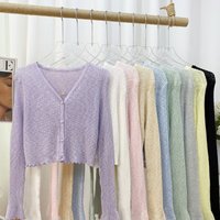 Gentle Ruffle Trim Long Sleeve Ice Silk Sunscreen Knitted Cardigan Women 2026 Spring Summer Short Pearl Button Thin Casual coat