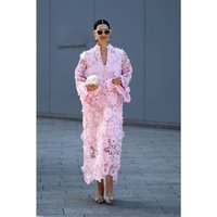 Luxury 3D Floral Lace Hollow Out Maxi Dress Pink Summer Vacation Kaftan Dress Elegant Runway Long Sleeve Loose Vestidos Women