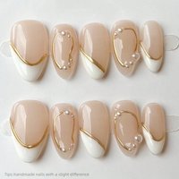 10pcs Handmade Nude Pink Gold Line Pearl Press On Nails Almond Long Full Cover Wearable Reusable Elegant Fake Nails 2026
